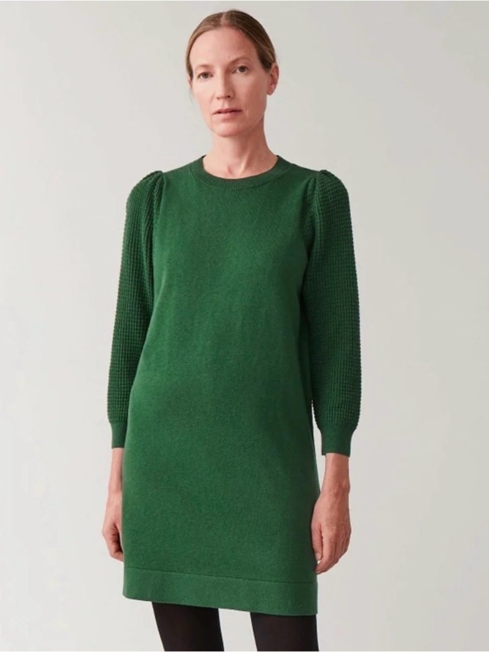 Cos Green Knit Puff-Sleeve Sweater Dress